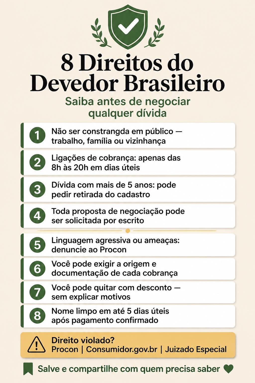 Infográfico com escudo verde listando 8 direitos do devedor brasileiro, como não ser constrangida em público e ter o nome limpo após o pagamento