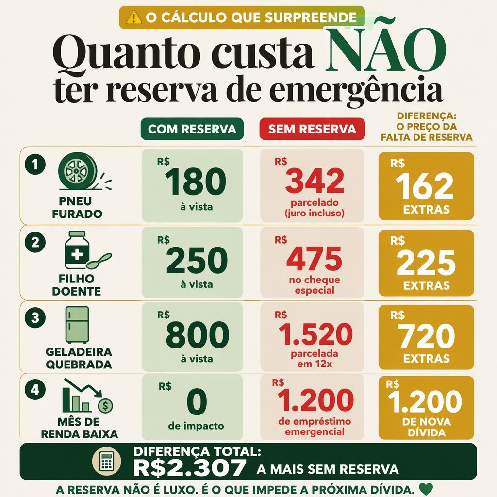 Tabela comparando o custo de imprevistos com e sem reserva de emergência, como pneu furado, filho doente, geladeira quebrada e mês de renda baixa