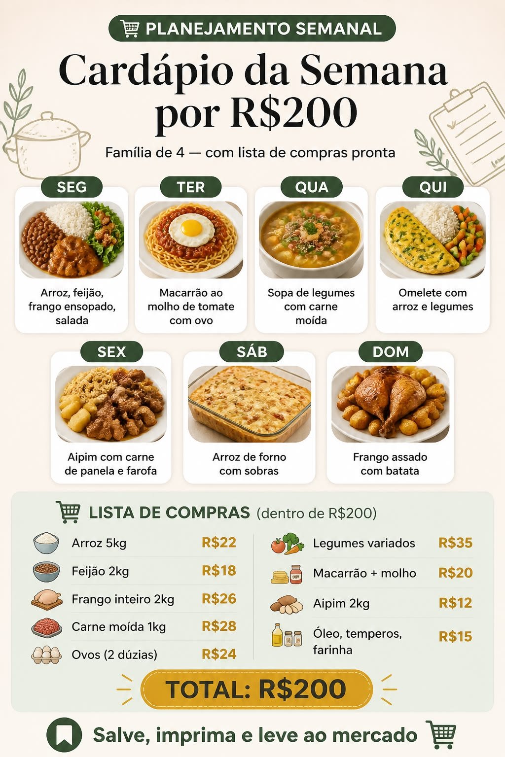 Cardápio da semana com fotos dos pratos de segunda a domingo, como arroz com feijão e frango, macarrão com ovo, sopa de legumes e frango assado, e uma lista de compras