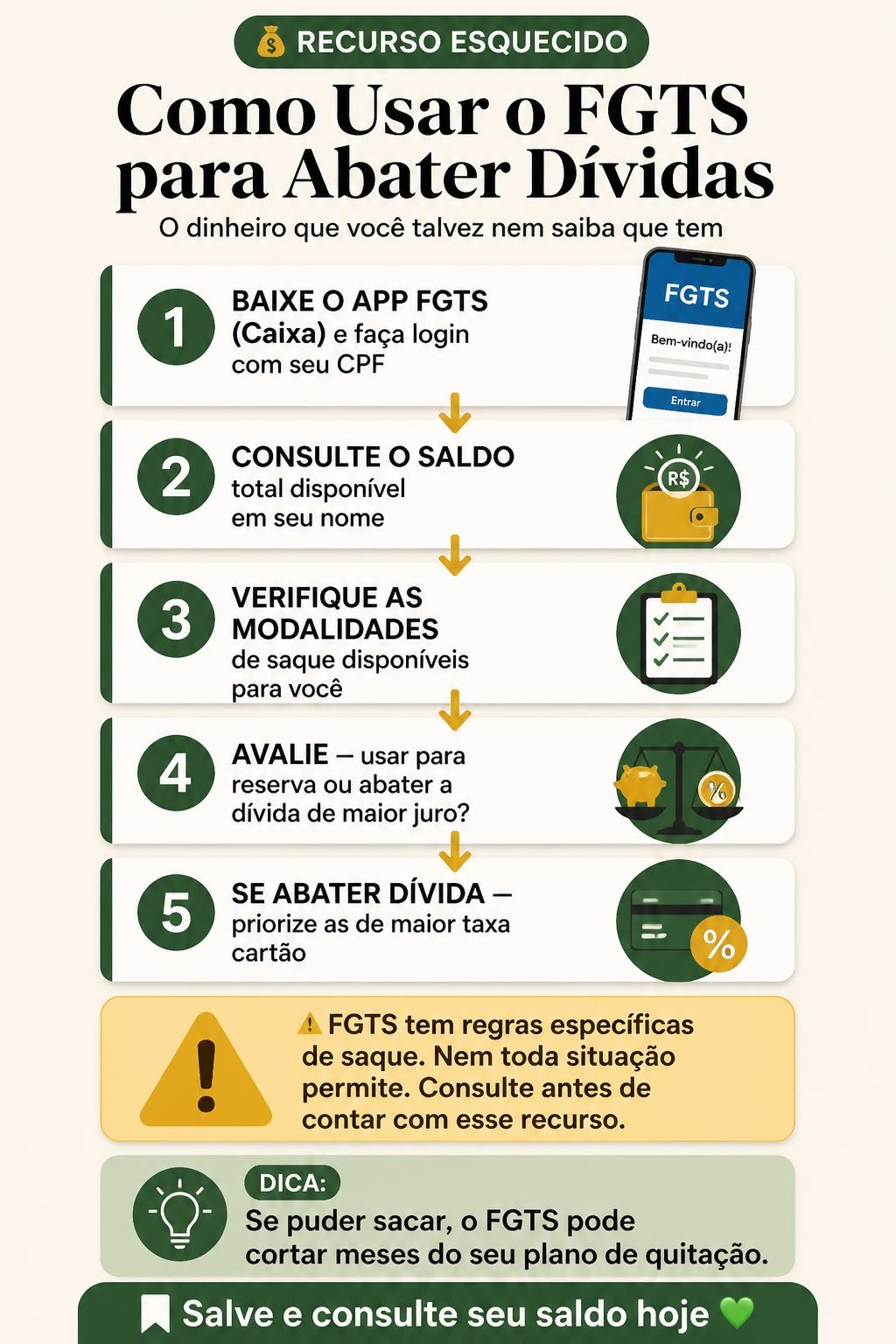 Infográfico com cinco passos para consultar o FGTS no aplicativo da Caixa e avaliar se vale usar o saldo para reserva ou para abater dívidas